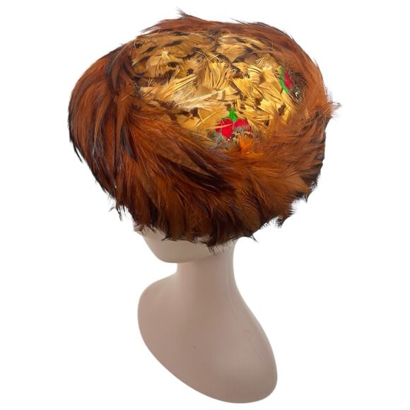 Vintage 1940s Feather Tilt Hat Brown Pheasant Rooster Hollywood Glam Millinery - Picture 3 of 8
